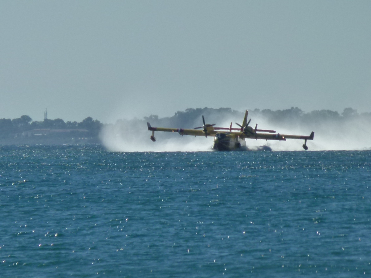 Löschflugzeug beim Wasser aufnehmen